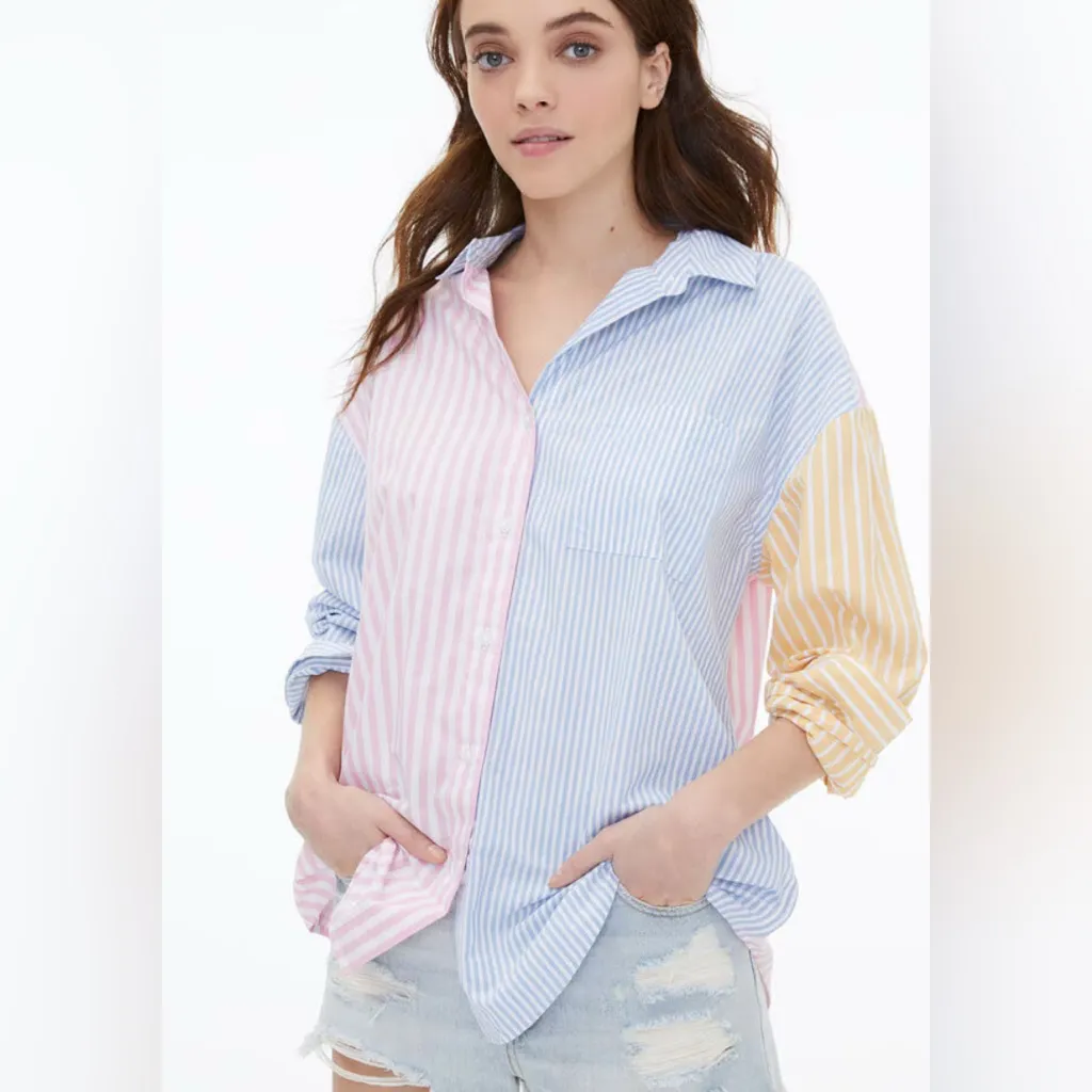 Aeropostale pastel colorblock MultiStripe Button-Down oversized 90s Dad Shirt XS - Image 2