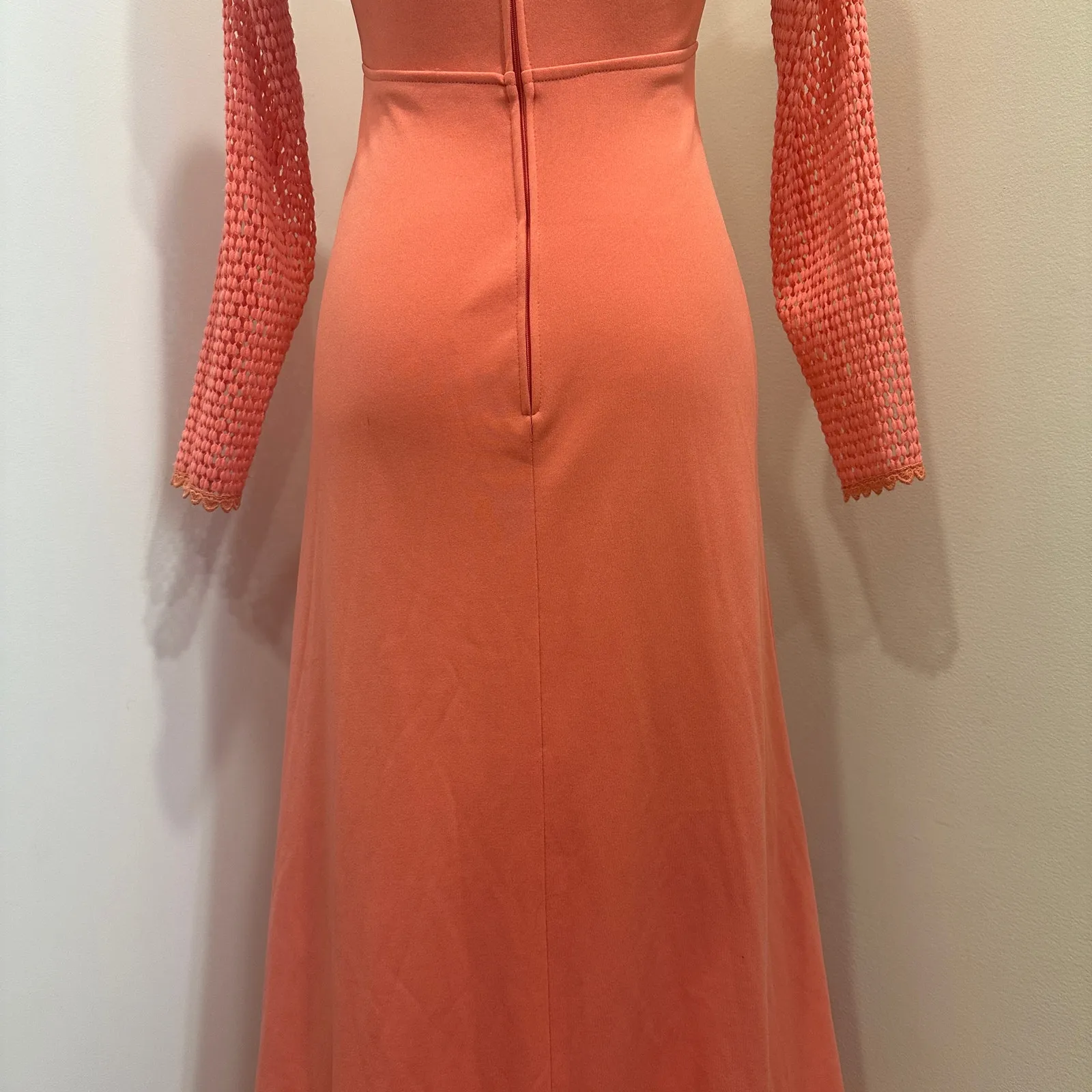 VTG 70s Coral Long Crochet Sleeve Maxi Dress Victorian Edwardian Revival Size XS - Image 8