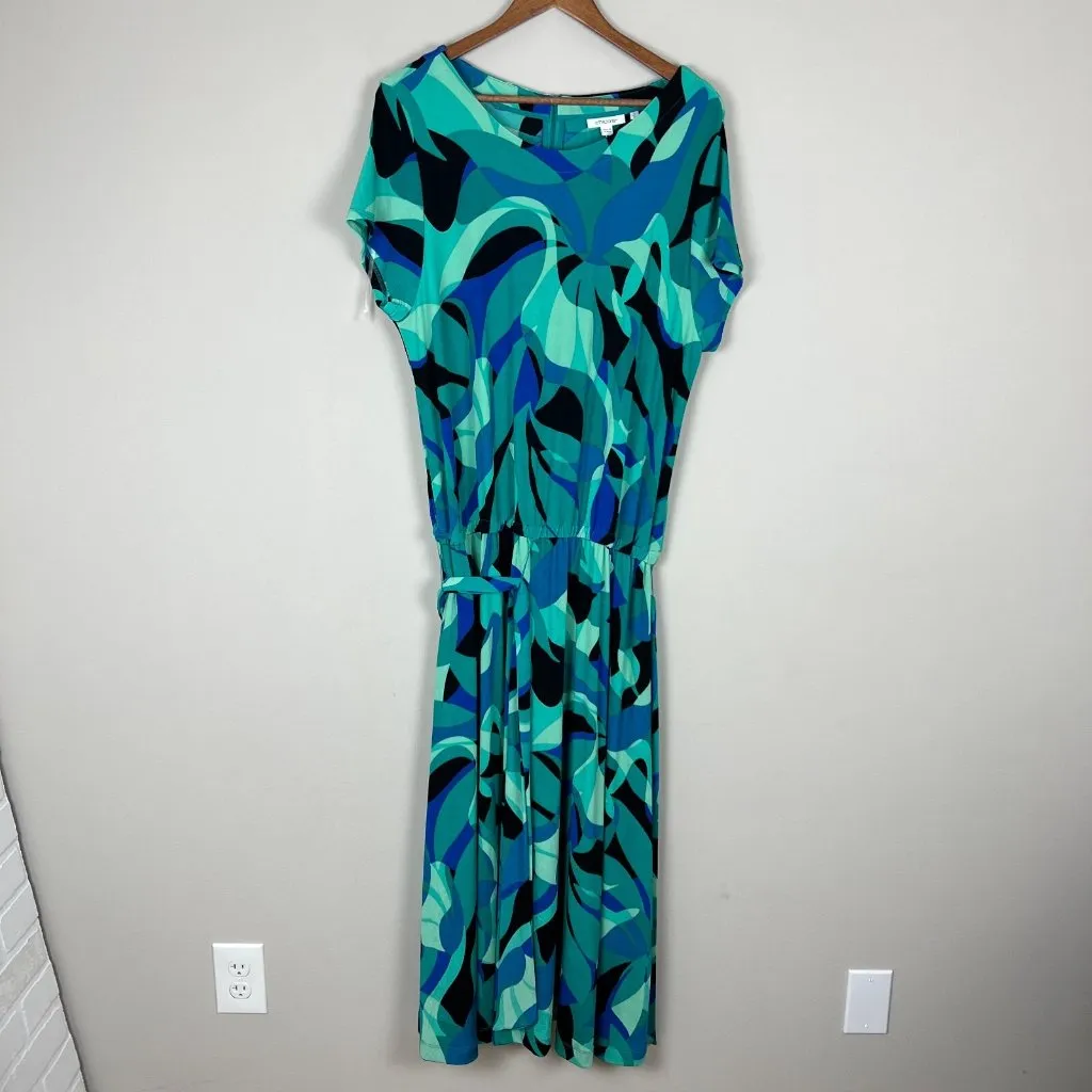 Chicos 3‎ Travelers Maxi Dress XL Green Leafy Oasis Cap Sleeve Belted Waist New - Image 13