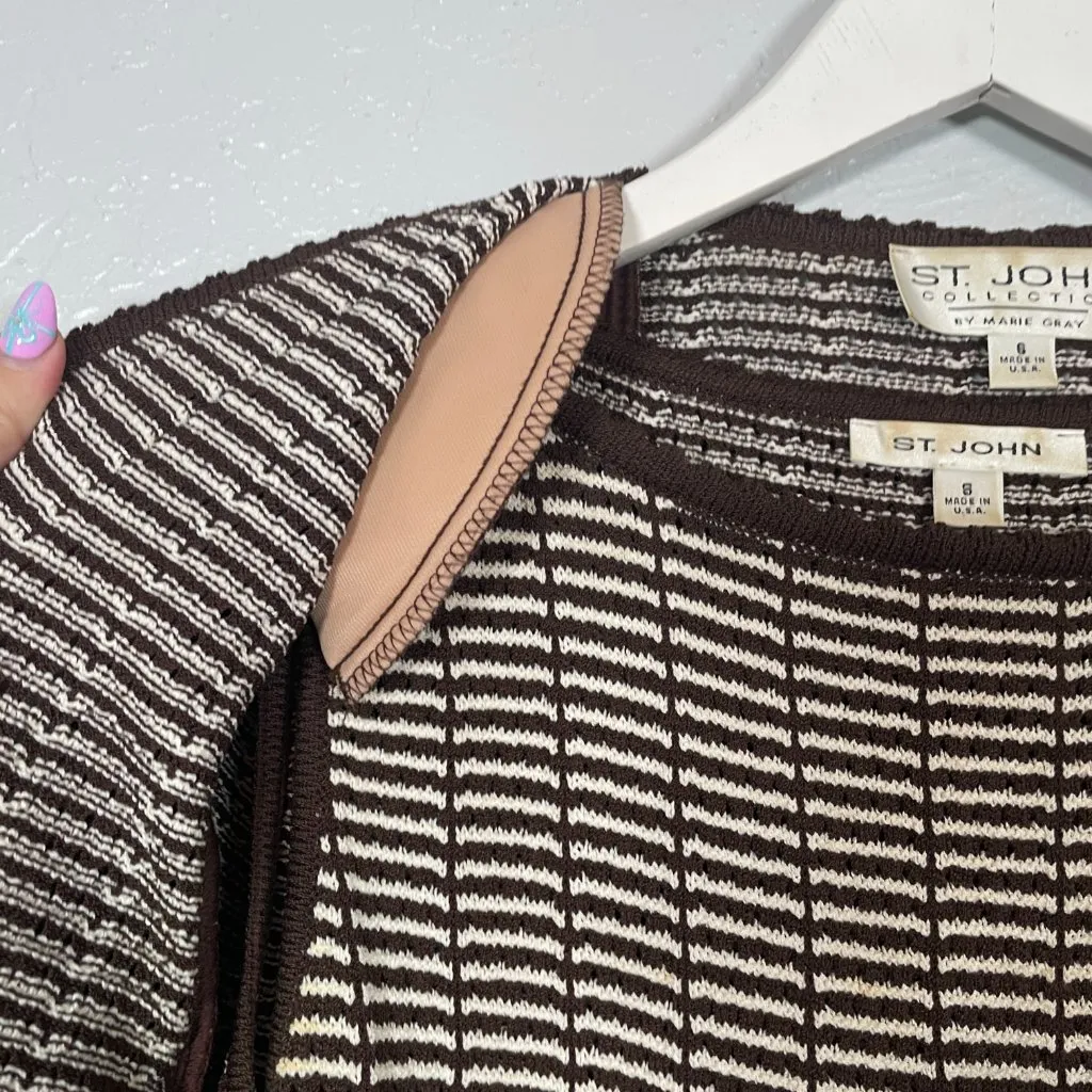St John Collection Women 6/ S Brown White Stripe Sweater Set Knit Shoulder Pads - Image 5