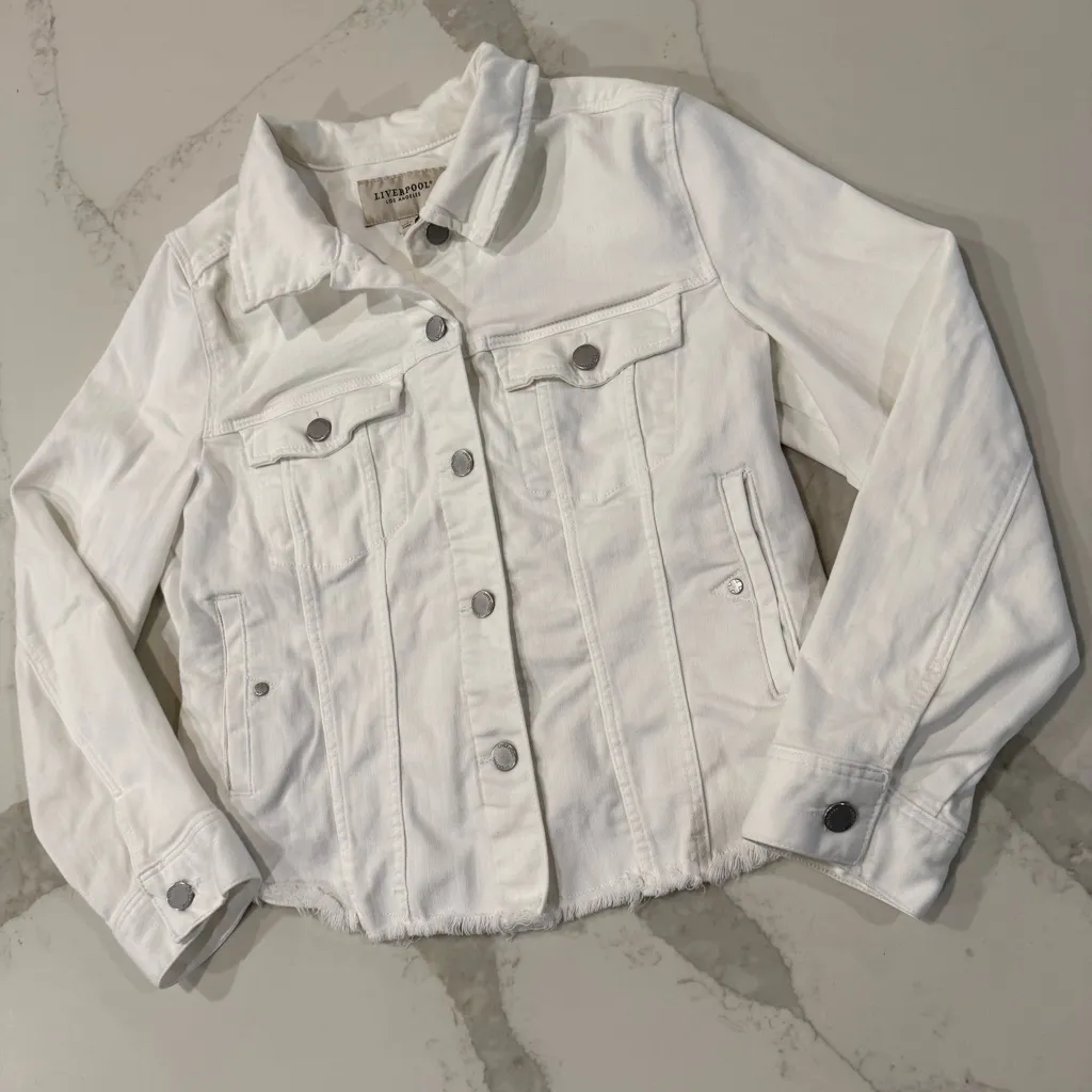 Liverpool Los Angeles Frayed Hem Cropped Denim Jean Jacket Women’s Large White - Image 2