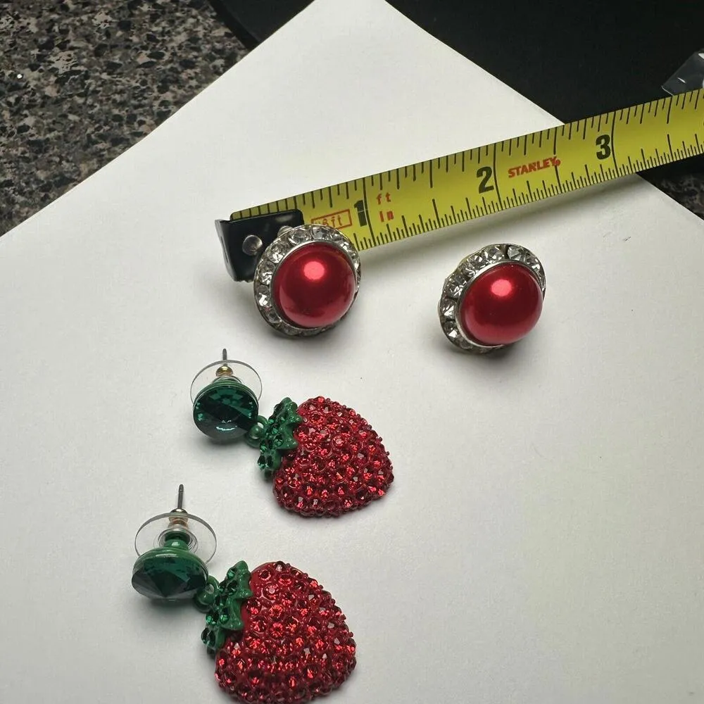 Rhinestone Pierced Earrings Lot Of 2 Red Women’s Strawberry Fruit Dangle - Image 4