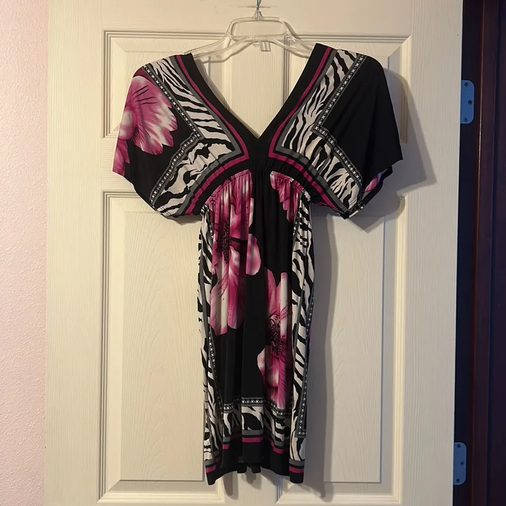 Body Central Black & Purple Floral & Zebra Print Dress Small - Image 5