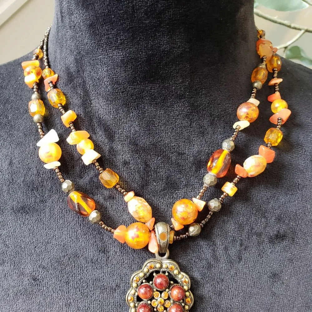 Women 2 Strand Gold Tone Seed Beads Carnelian Stones Pendant Necklace w/ Lobster - Image 5