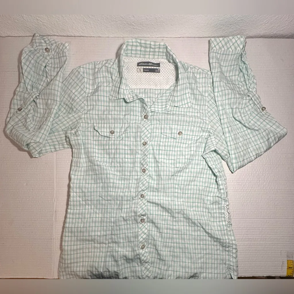 Eddie Bauer Shirt Womens M Button Up Blouse‎ Top Plaid Long Sleeve Green Travex - Image 5