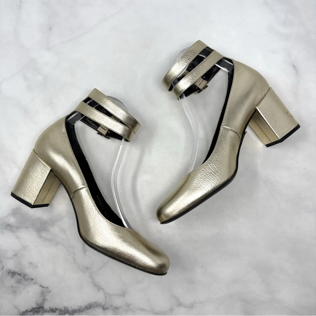 NEW Saint Laurent Babies Edgy Mary Jane Ankle Strap Pumps Mid Heels Gold 38.5 - Image 9