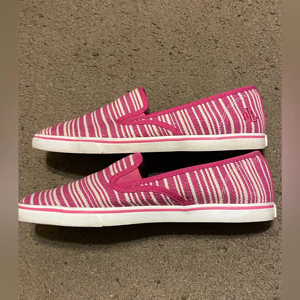 Womens‎ LRL Lauren Ralph Lauren Janis Pink White Stripe Canvas Flats Size 10B - Image 2