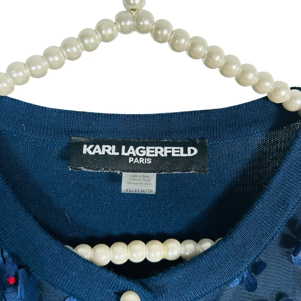 KARL LAGERFELD | Cardigan Sweater size XS Women Navy Blue Flower Embellished - Image 4