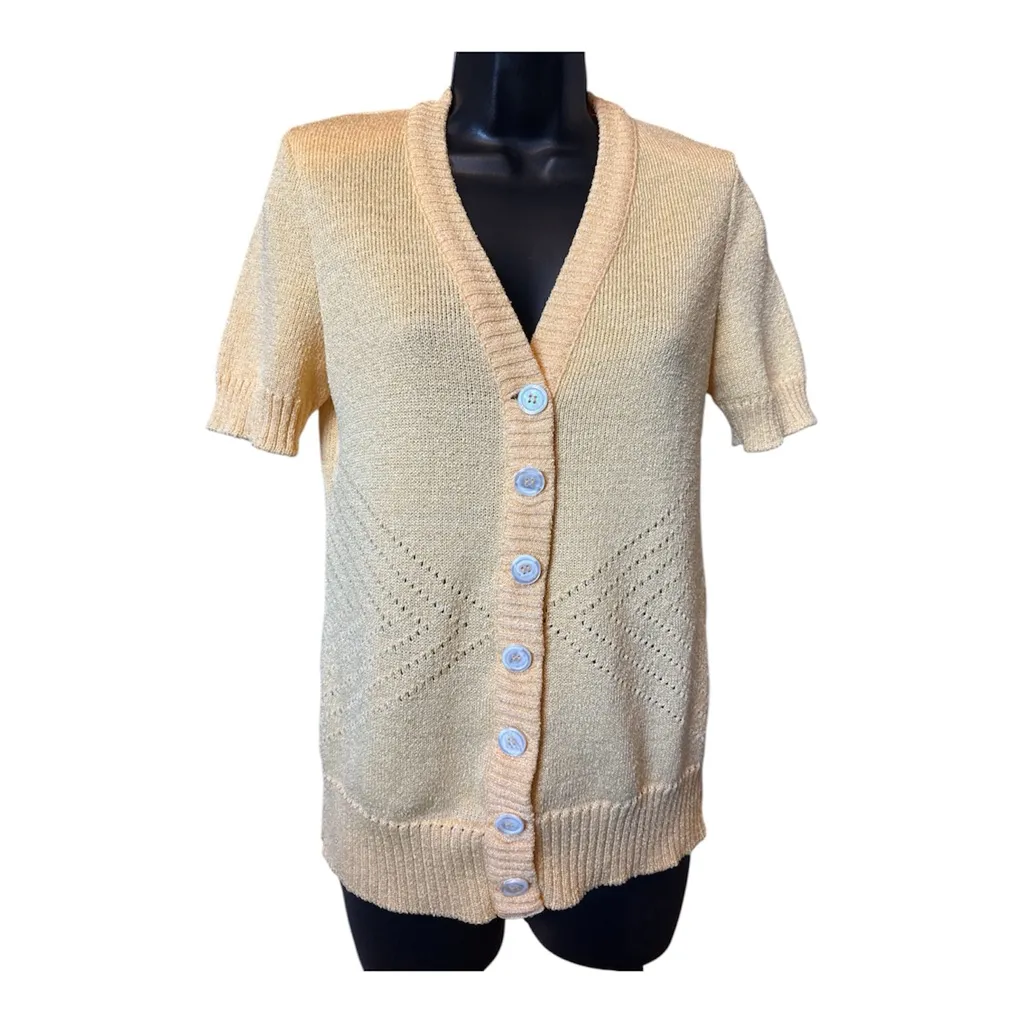 Vintage Dalton Knit Cardigan – Butter Yellow Short Sleeve | 60s 70s - Image 2