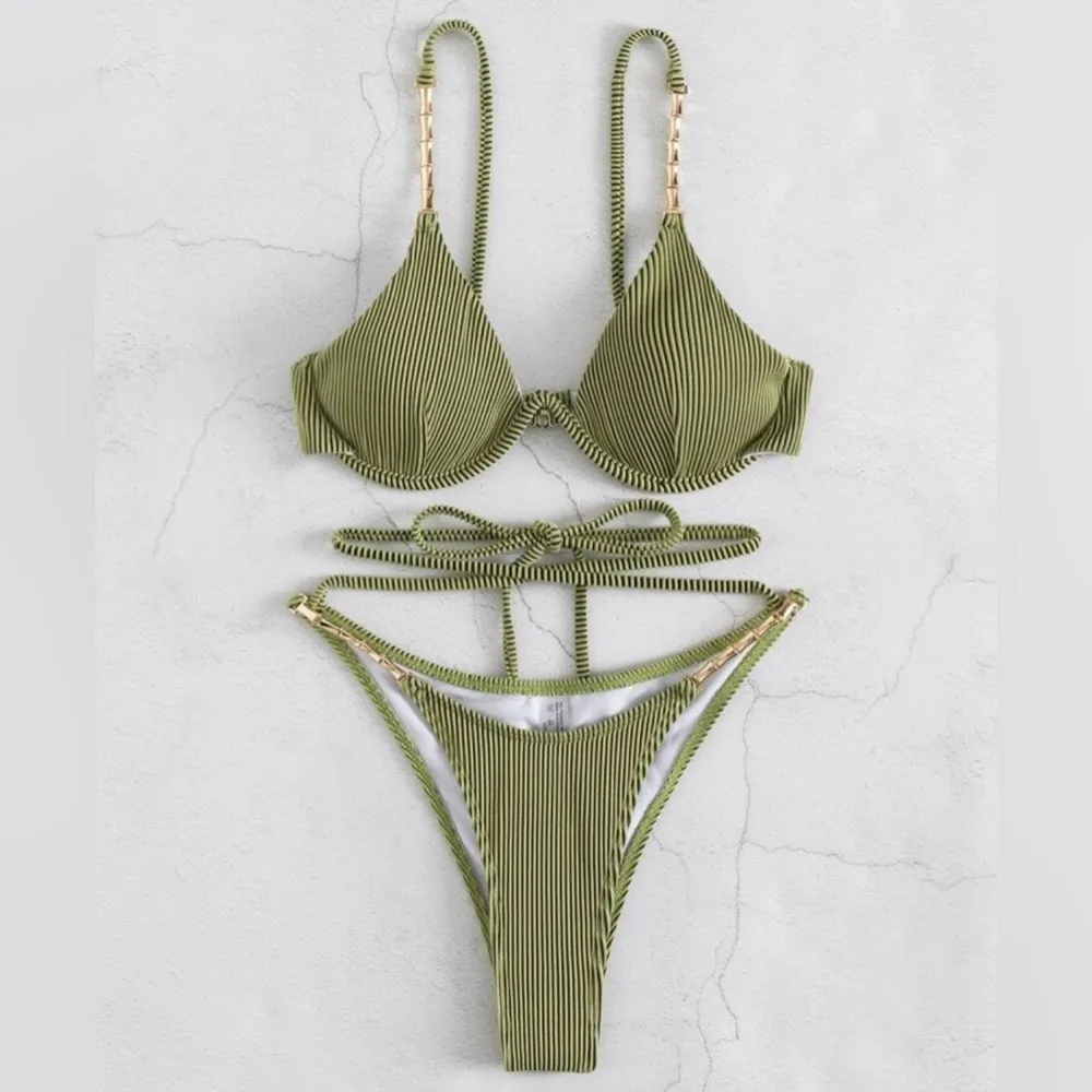 SHEIN Ribbed Chain Linked Lace Up Underwire Bikini, Green, Size S, NWOT - Image 2