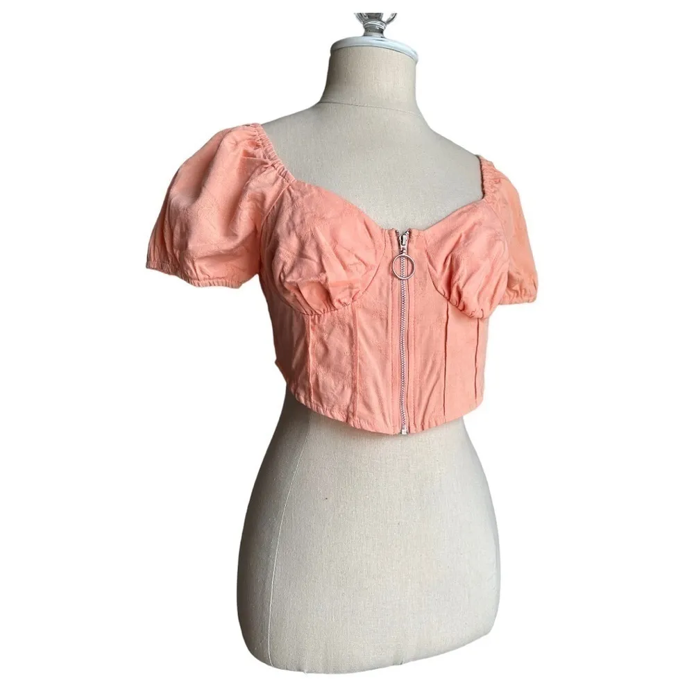 Cider Solid Peachy Orange Zipped Blouse Cropped Zipper Front Corset Top Small - Image 6