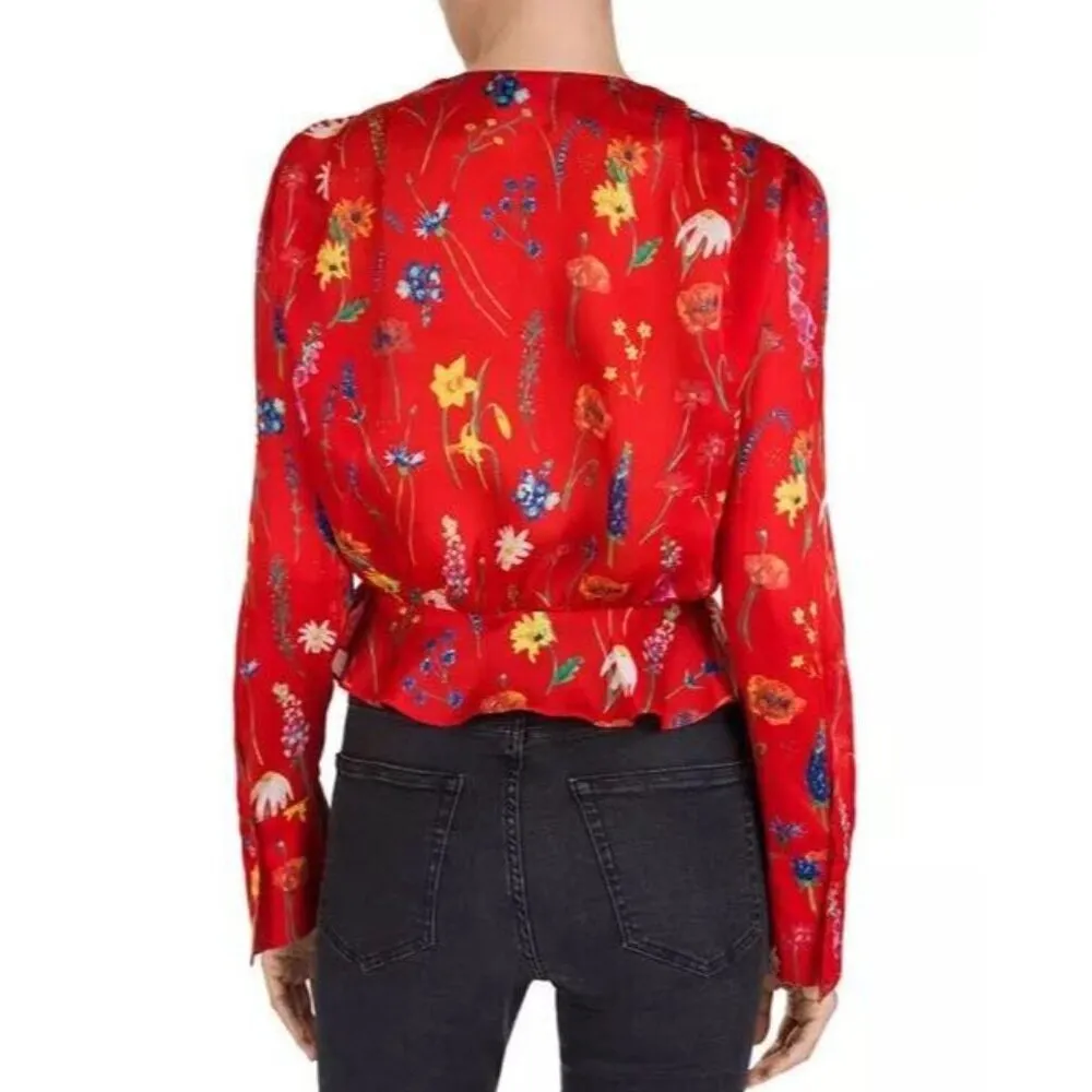 NWOT The Kooples Pleated Red Floral Cropped Top Blouse Size 1 Long Sleeve - Image 2