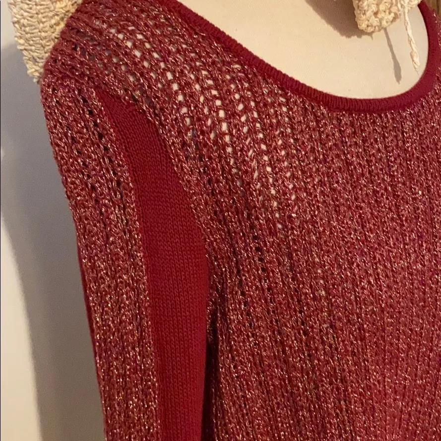 Women’s Lucky Brand Sweater tunic flare M Red gold open knit size medium - Image 2