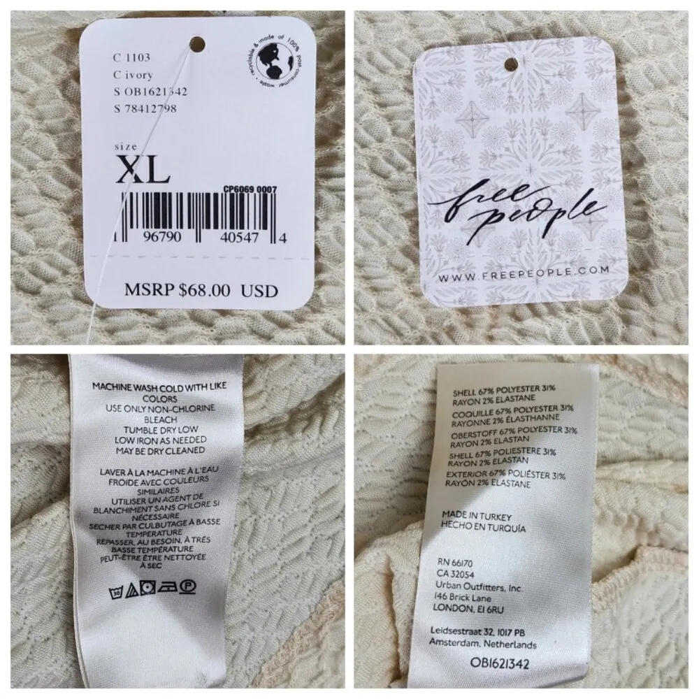 Free People Cupcake Ruched Puff Sleeve V Neck Top Size XL Ivory Blouse - Image 3