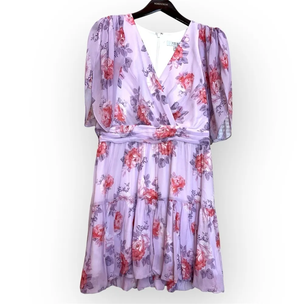 Ever New Melbourne lavender floral mini dress tiered, tulip sleeve size 8 US - Image 4