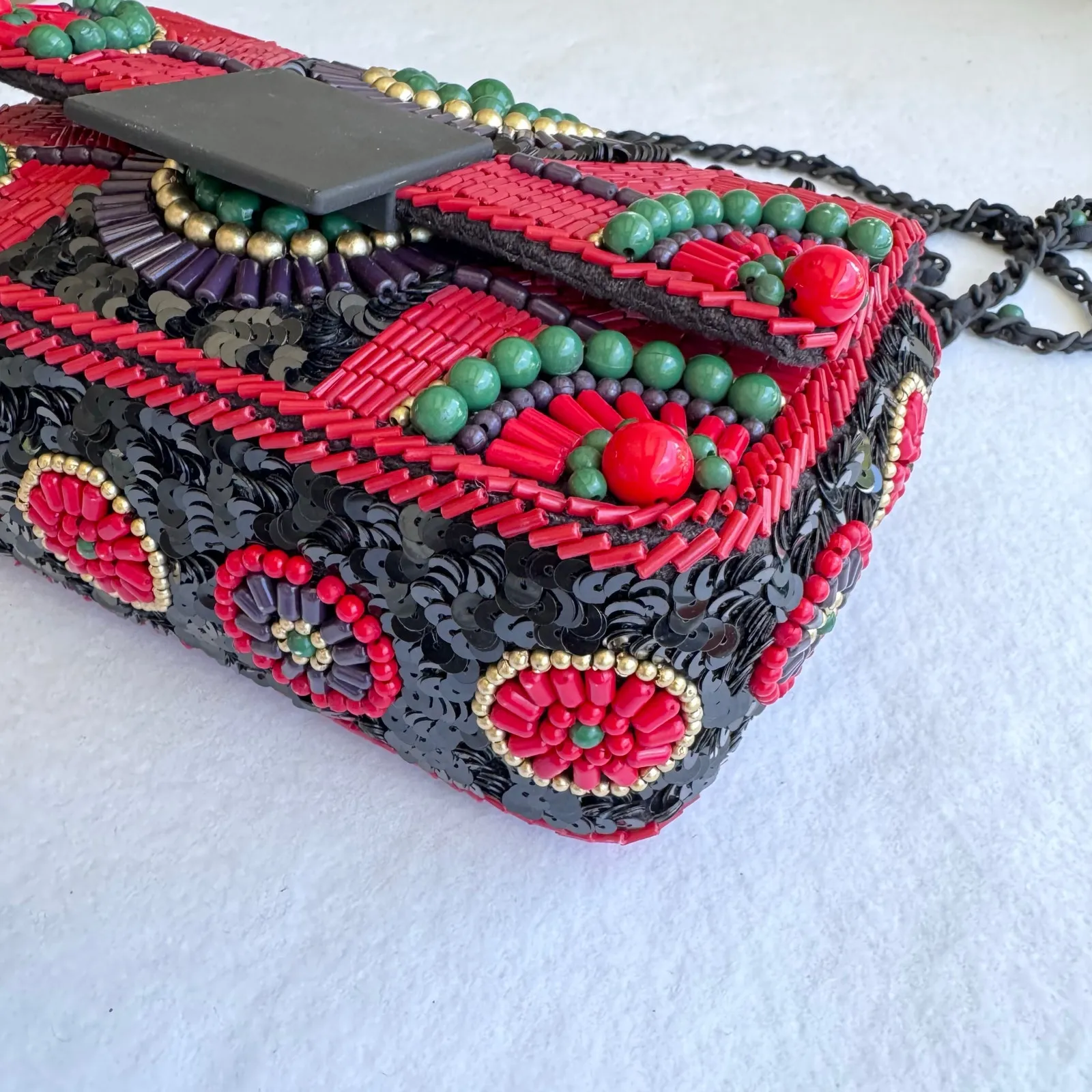 Purificación García Beaded Crossbody Clutch Red Green Boho Statement Bag Black - Image 10