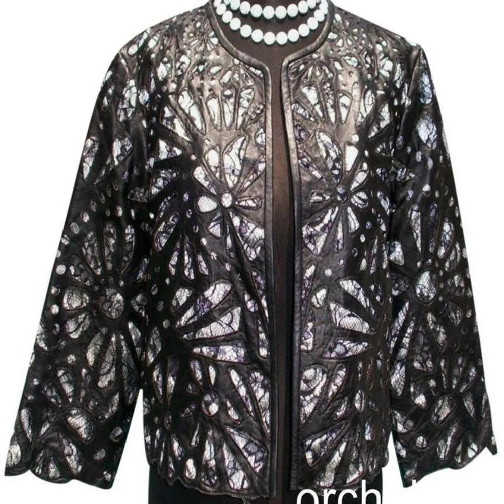 Cache Laser Cut Leather Lace Swing Jacket Top New Peek A Boo Black White $398 - Image 2