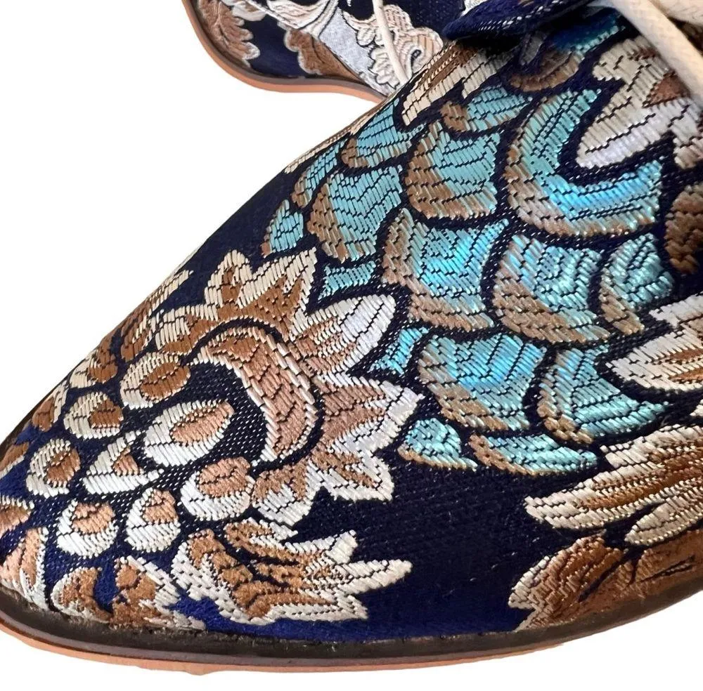 Vintage Satin Floral Embroidered Block Heel Cowboy Ankle Booties Blue Size 7 - Image 6