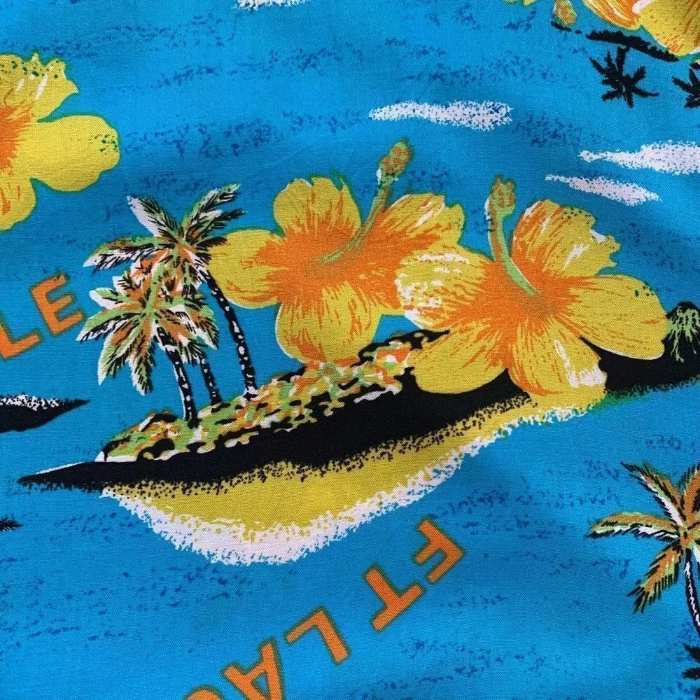 Vintage Island Planet Wrap Skirt Column Blue Yellow Tropical Palm Floral Detail Size M - Image 6