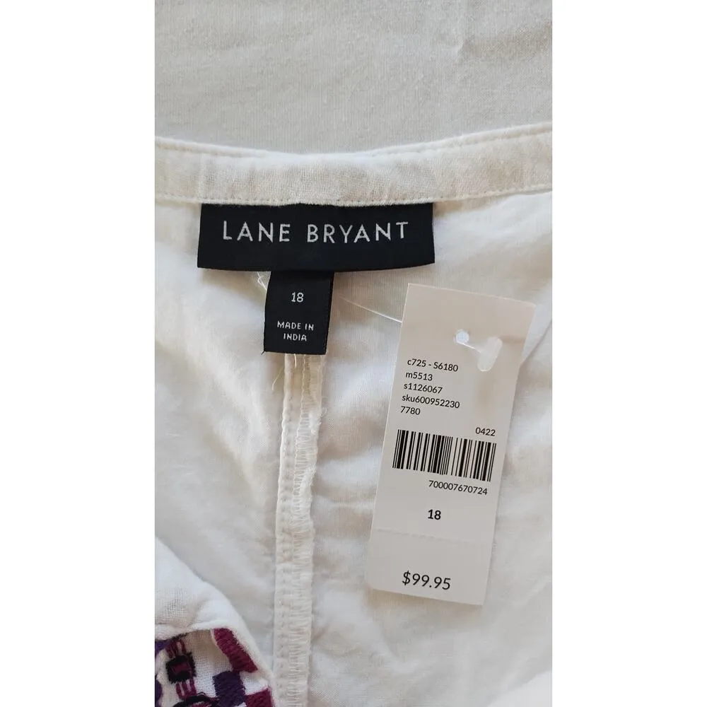 NTW Lane Bryant Size 18 WHITE COTTON GAUZE BOHEMIAN DRESS PURPLE EMBROIDERY - Image 6