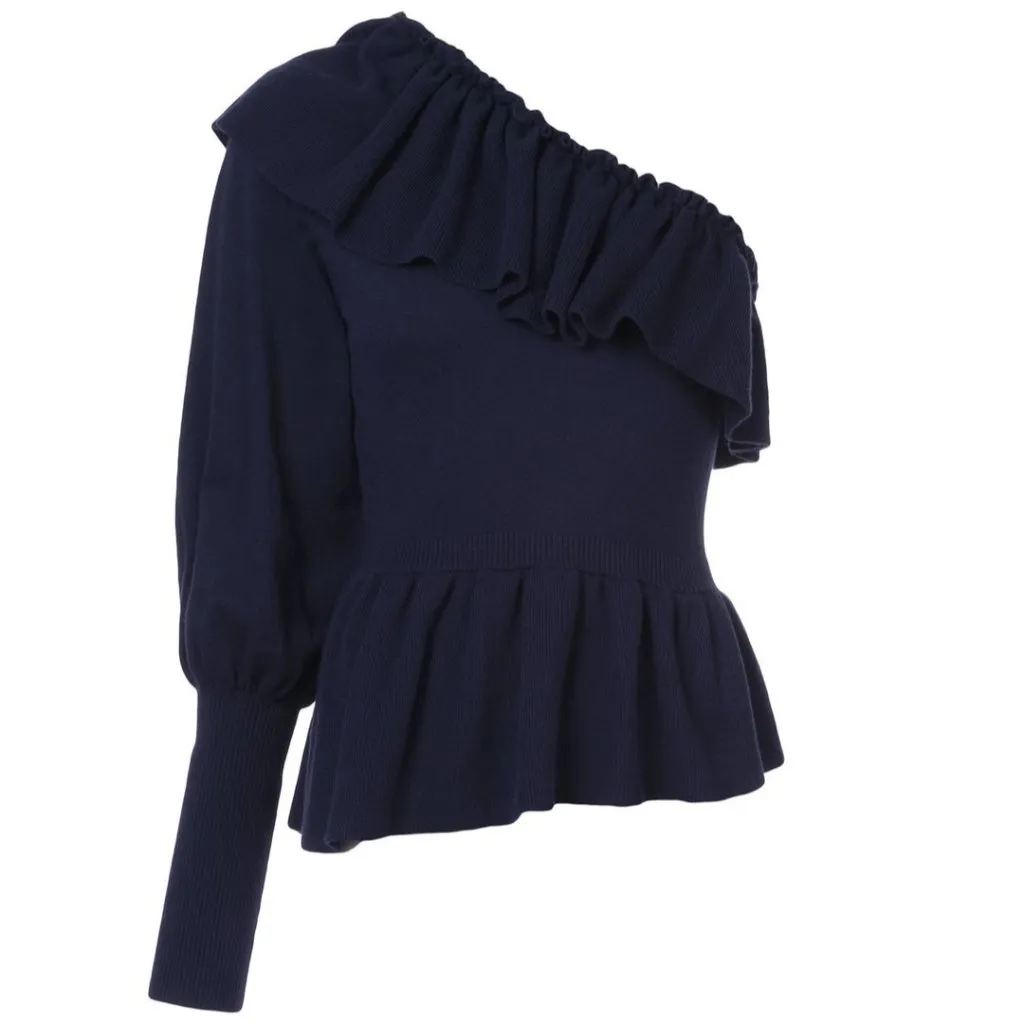 💙💖 Ulla Johnson Navy Eden Cashmere One Shoulder Ruffle Pullover Sweater - Image 2