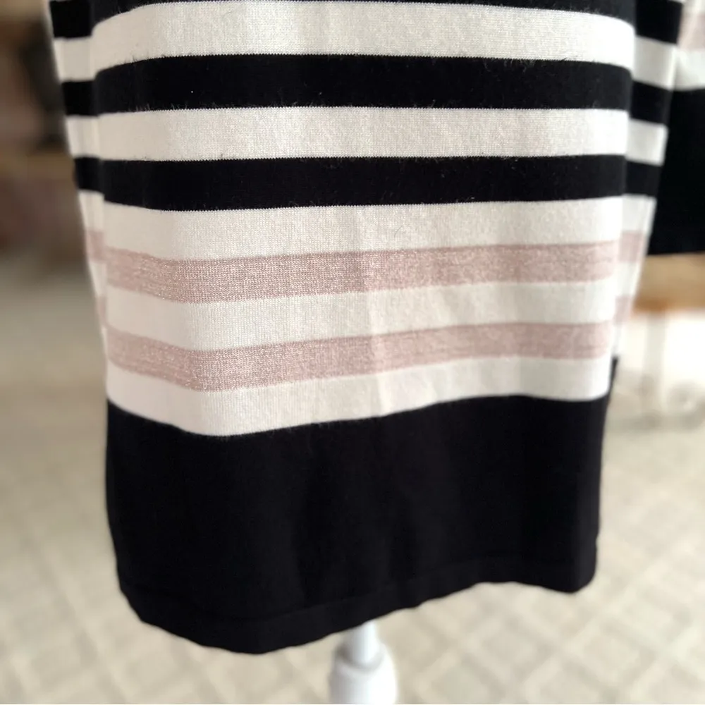 Ivory Cardigan Open Front Striped Black Pink Shimmer Duster Knit M Long Casual - Image 9