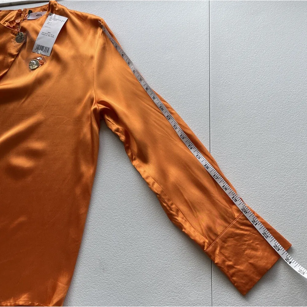 MNG Mango Womens Sz 8 Satin Top Blouse High Neck Long Sleeve Light Bronze Orange - Image 13