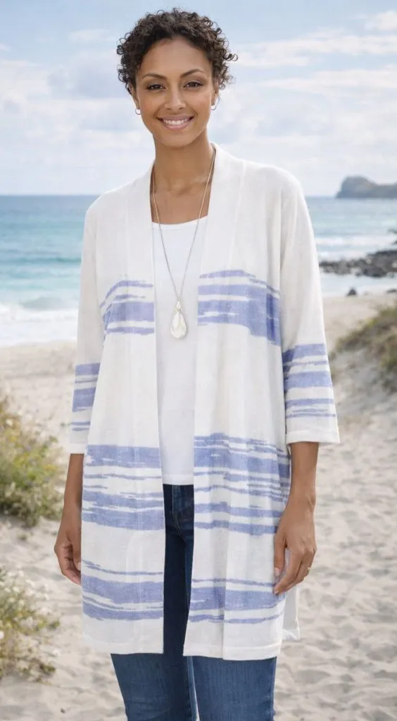 J.Jill Pure Jill White Lilac Linen Open Front Duster Cardigan Size Medium - Image 2