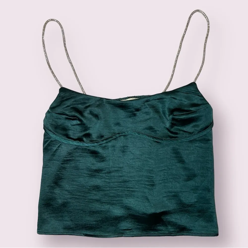 Thirty Thirty Green Satin Rhinestone Strap Crop Top Small - Image 2