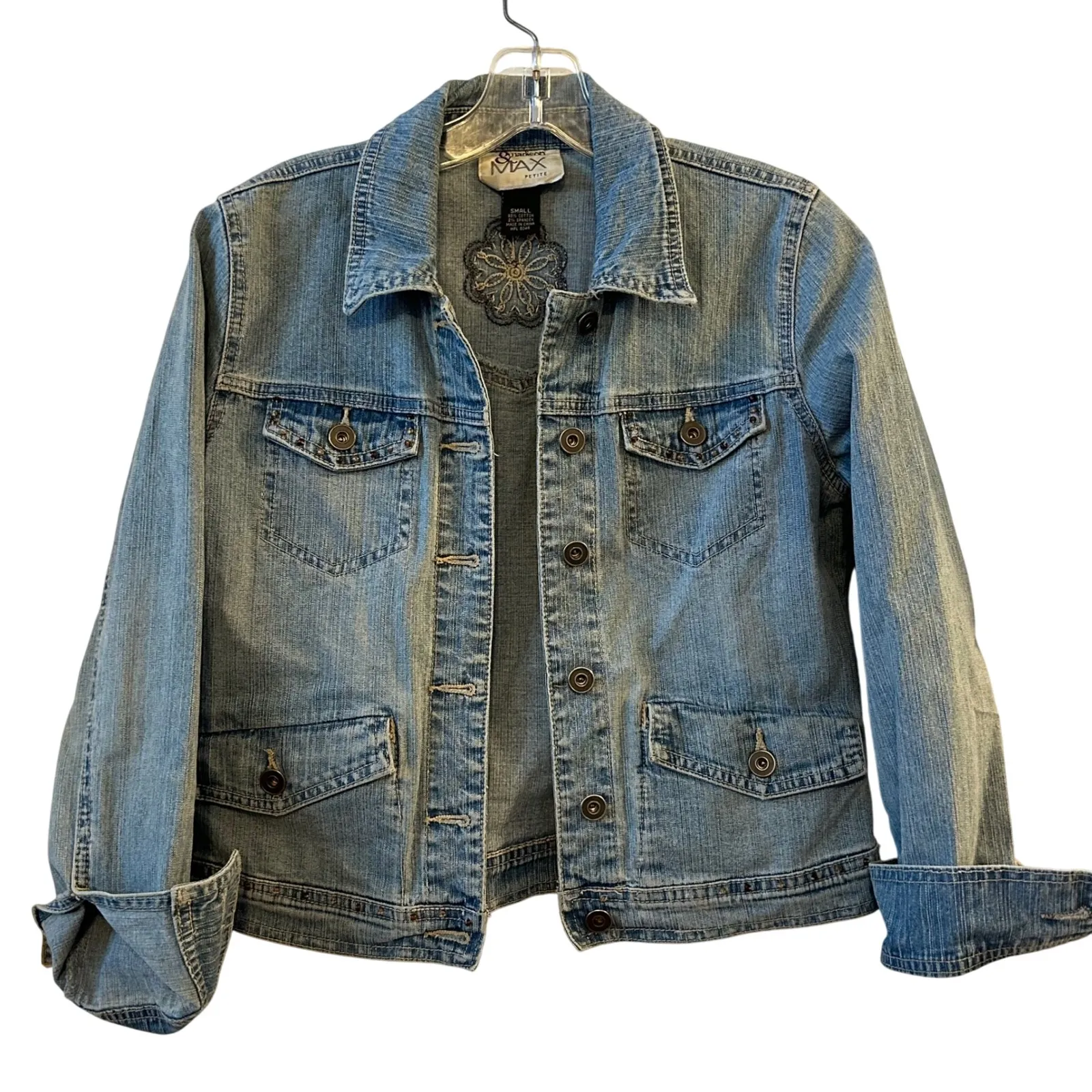 Madison & Max Petite Denim Jacket Embellished Flower Blue Jean Button Up Small Size undefined - Image 1