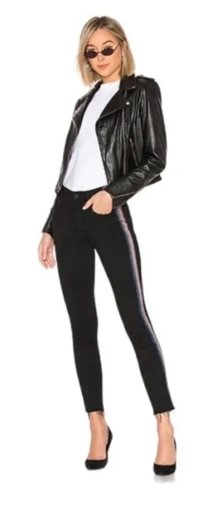 MOTHER High Waisted Looker Ankle Fray Jeans in Guilty Glitter Racer Size 29 Black - Image 1