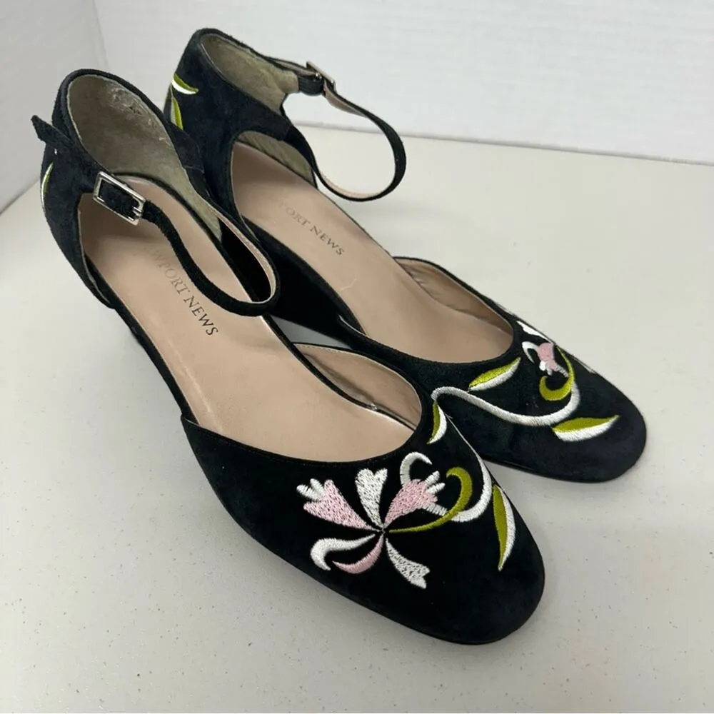 Newport News Black Suede Floral Embroidered Wedge Sandals Womens 8.5 Ankle Strap - Image 2