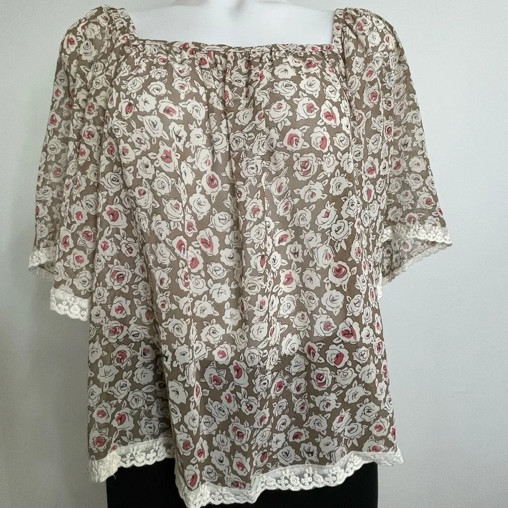XXl Woven Loose Floral Blouse Top Cocoa Cream Pink size S Tan - Image 4