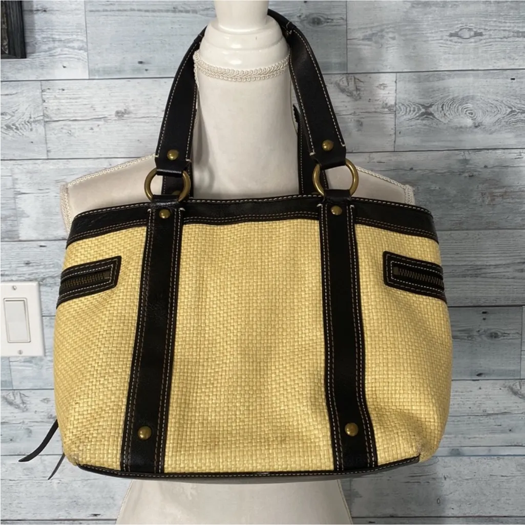 Coach Legacy Black/Cream Leather Woven Straw Rattan Tote Satchel Purse Bag - Image 8