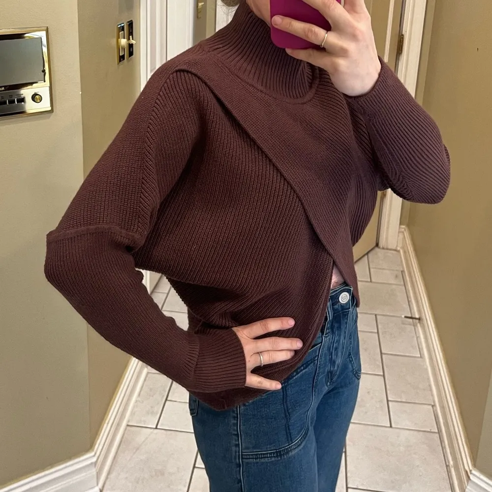 Revel brown mock turtle neck with cross over front Size M - Image 12