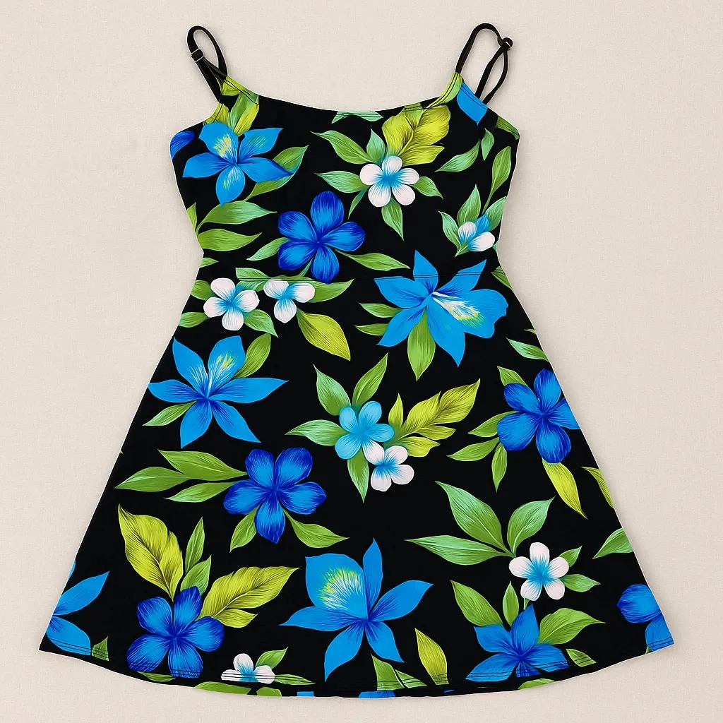 Sessa Black Floral Ruched Tummy Control Swimdress One Piece XS Skirted Tropical Blue - Image 10