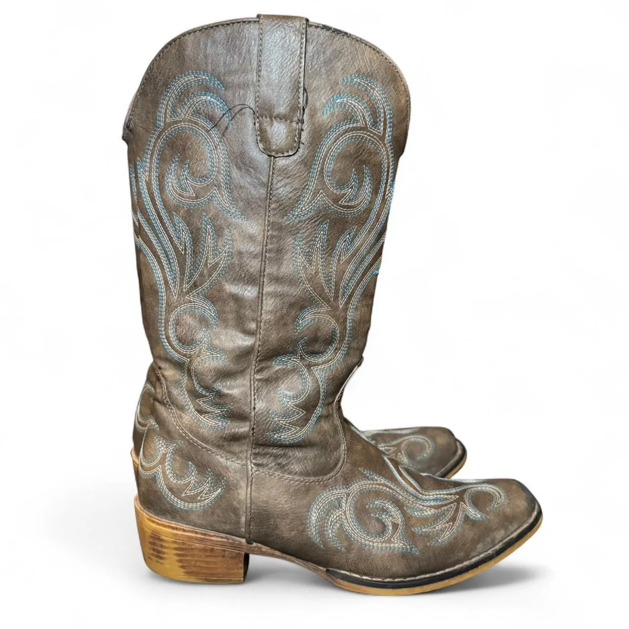 Roper Women’s Size 8.5 Western Cowboy Boots Gray Blue Stitching Square Toe All M - Image 2