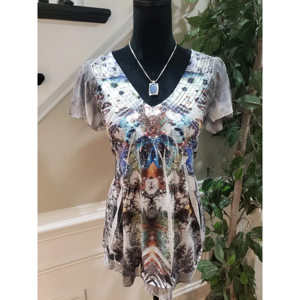 One World Live And Let Live Blouse Top Women Medium Multi Beaded Butterfly Print Gray - Image 2