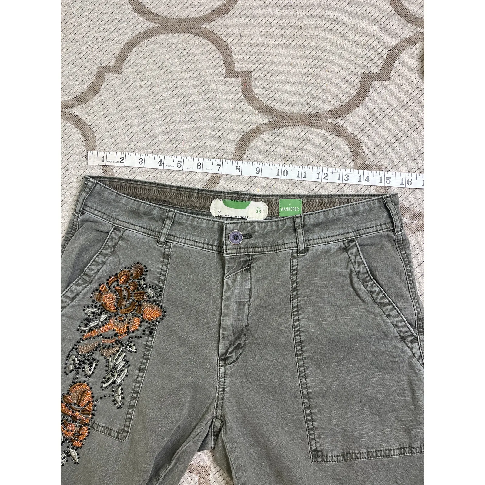 Anthropologie The wanderer Olive Chino beaded embroidery linen pants, size 28 - Image 3