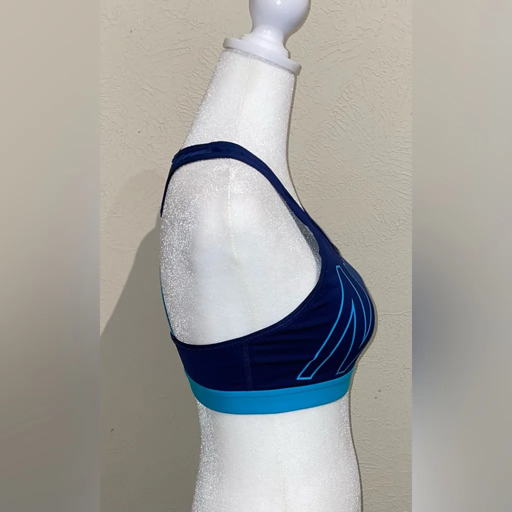 Nike Dri-Fit Women’s Size S Navy Blue Teal Sports Bra Spellout Logo Support - Image 4