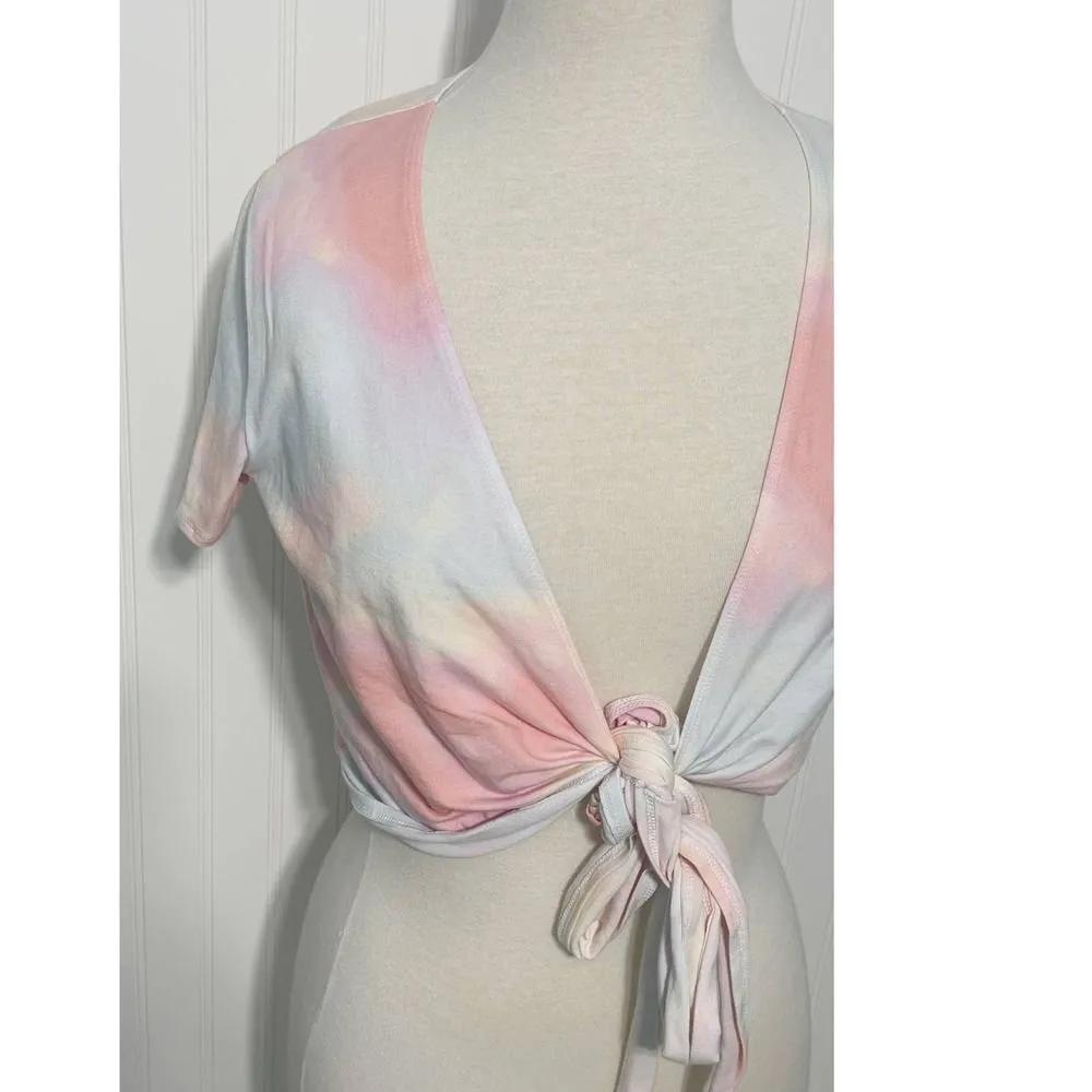 Hollister Tee Shirt Baby Tee Crop‎ Top Pastel Tie Dye Wrap Front Pink Blue Large - Image 4