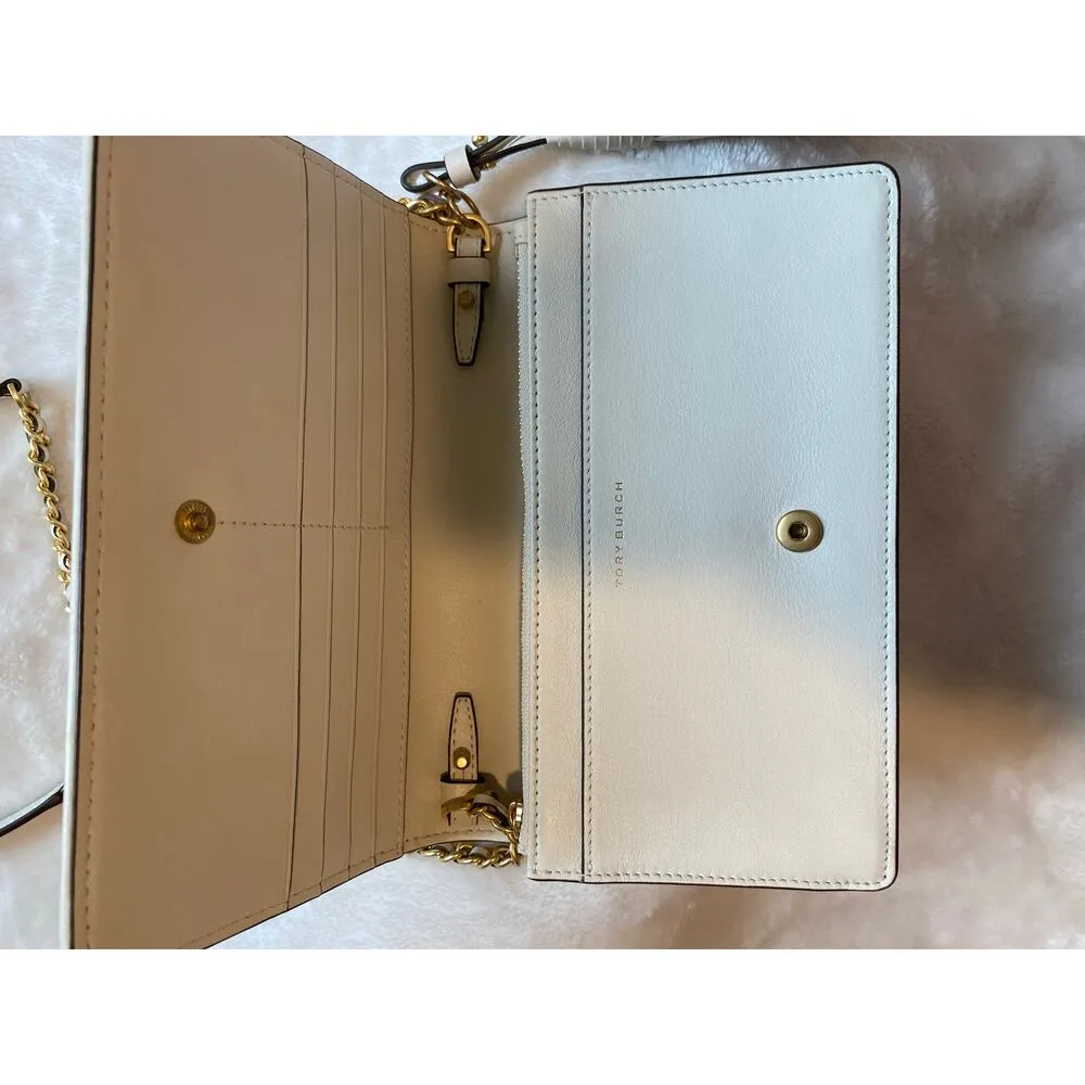 Tory Burch Fleming Floral Leather Chain Wallet Crossbody Purse Bag White Purple - Image 11