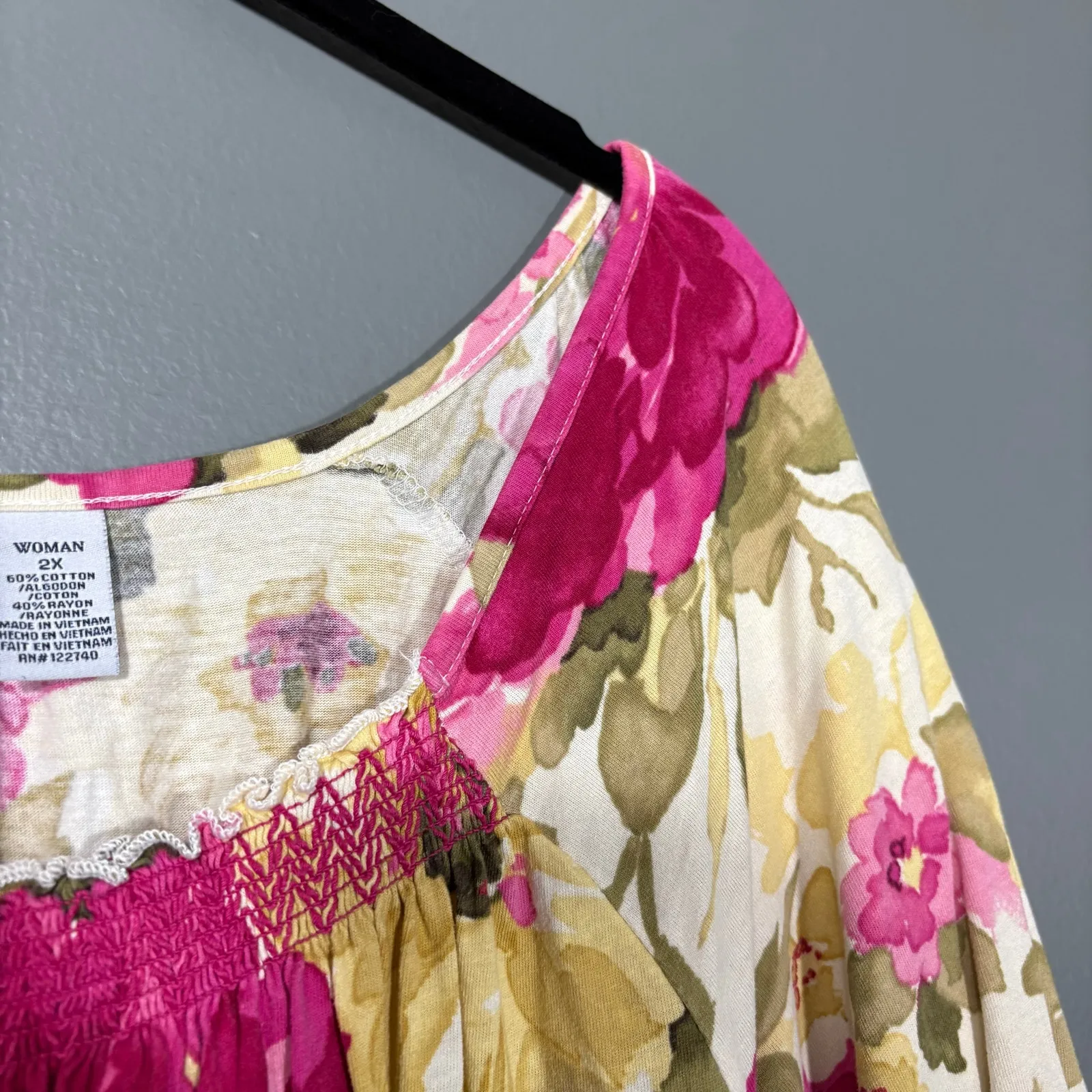 Caribbean Joe Pink & Yellow Floral Tropical Peasant Top - 2X - Women's Plus Size - Image 2