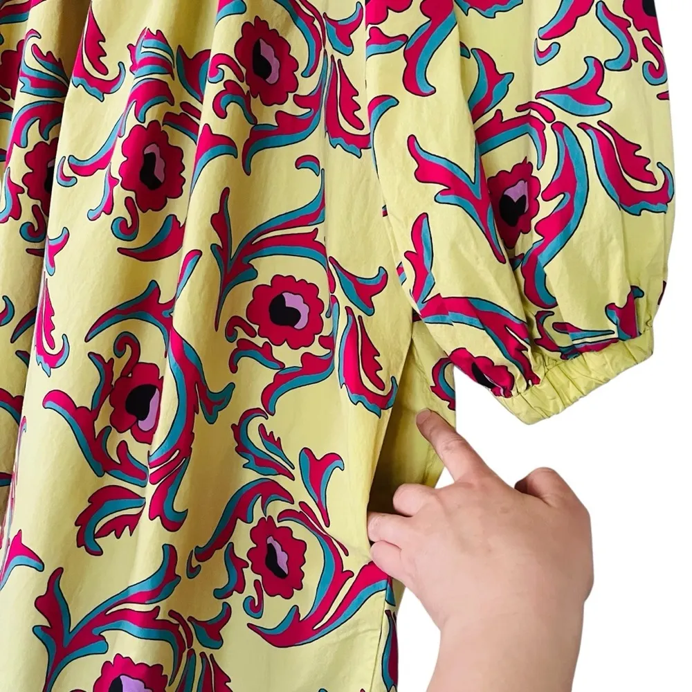 La DoubleJ Paloma short cotton trapeze dress in Cartwheel Giallo geometric print Yellow Size XL - Image 8