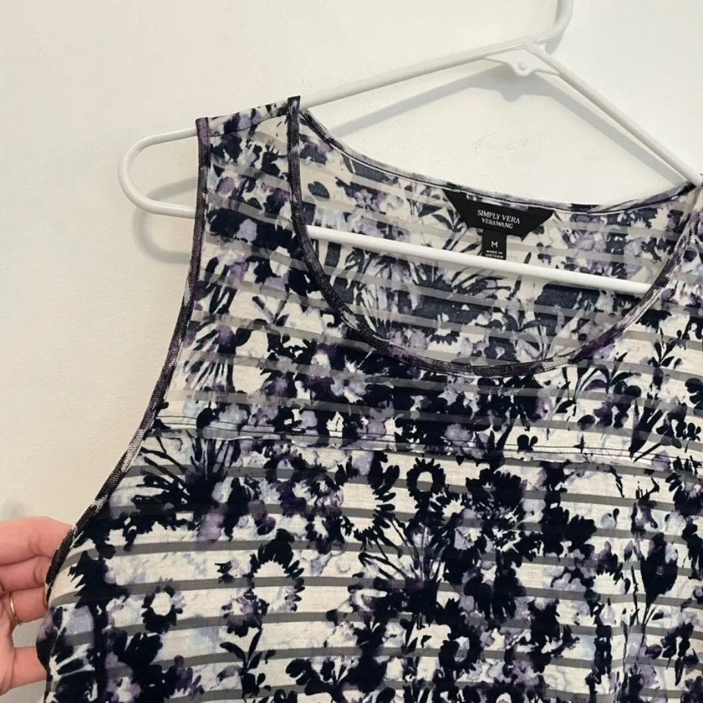 SIMPLY VERA VERA WANG Shadow Stripe Midi Dress Cream ? Navy Blue Purple Floral M - Image 6