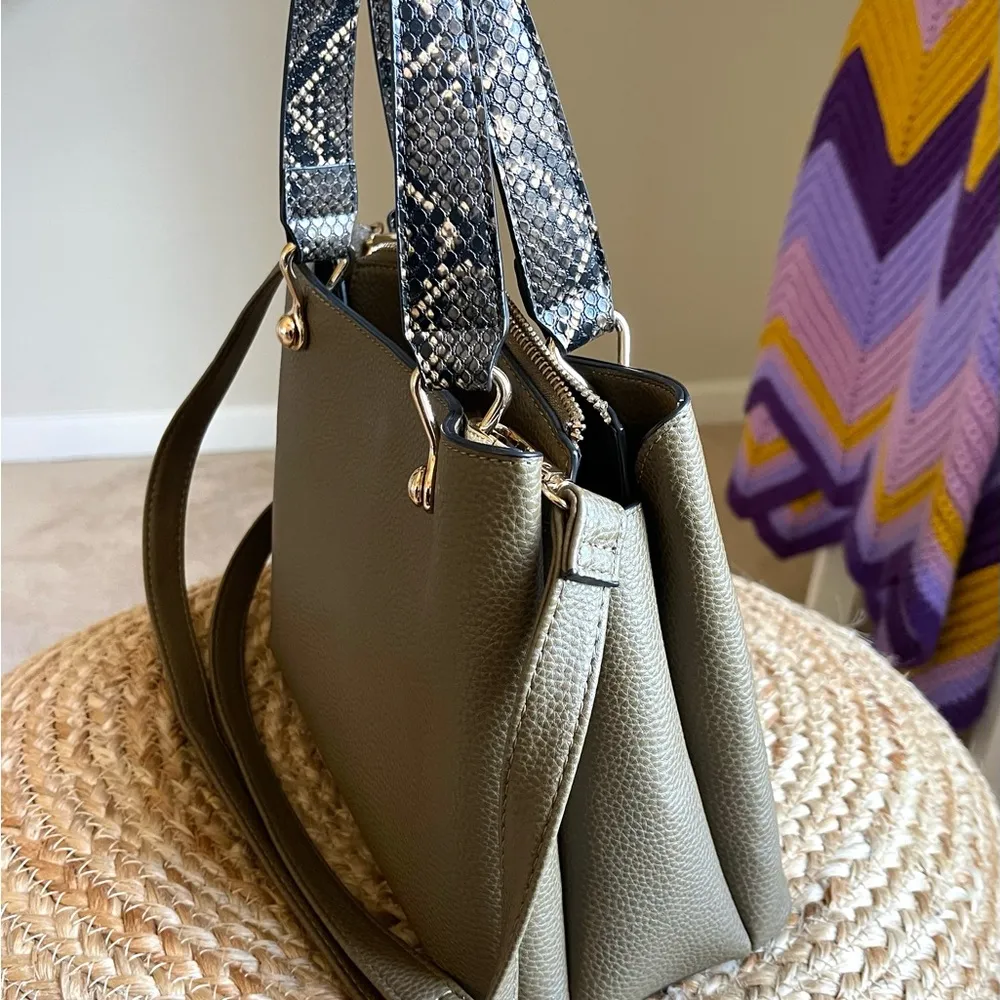 Handbag, olive with snake skin handle. Aldo brand. 10W by 9H. Like NEW. - Image 4