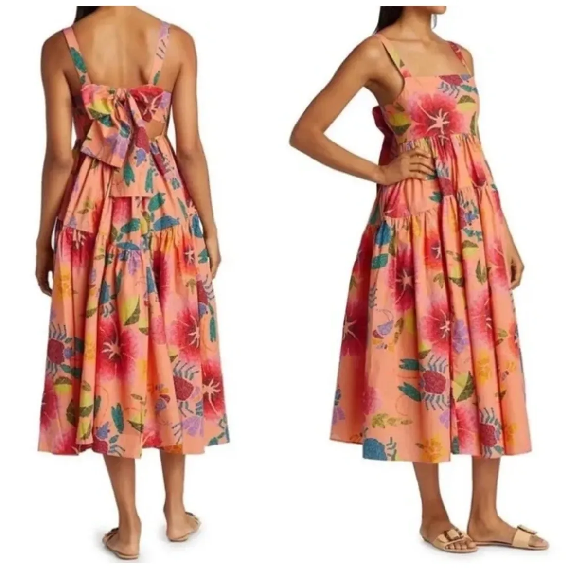Farm Rio Floral Sea Midi Dress Colorful Tropical Open Back Medium - Image 2