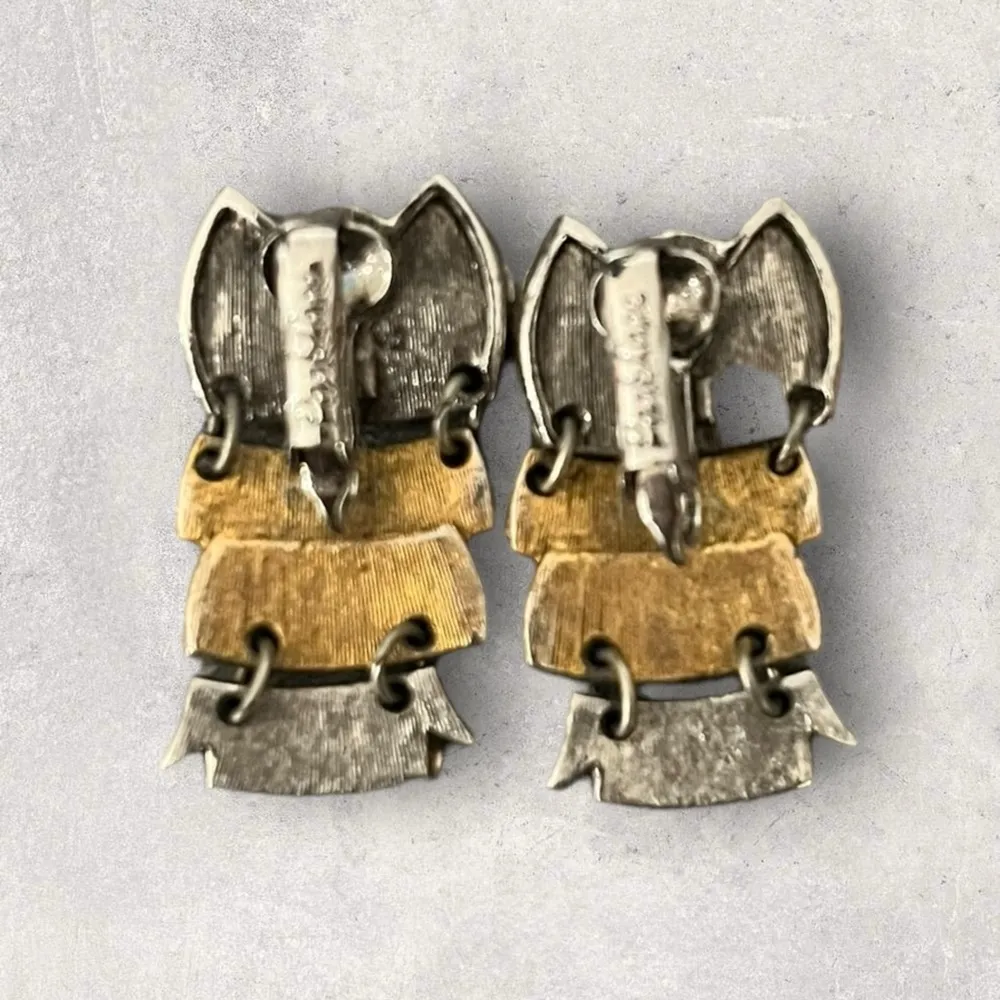 Vintage Park Lane Signed Owl Silver Gold Tone Clip On Dangle Earrings - Image 2