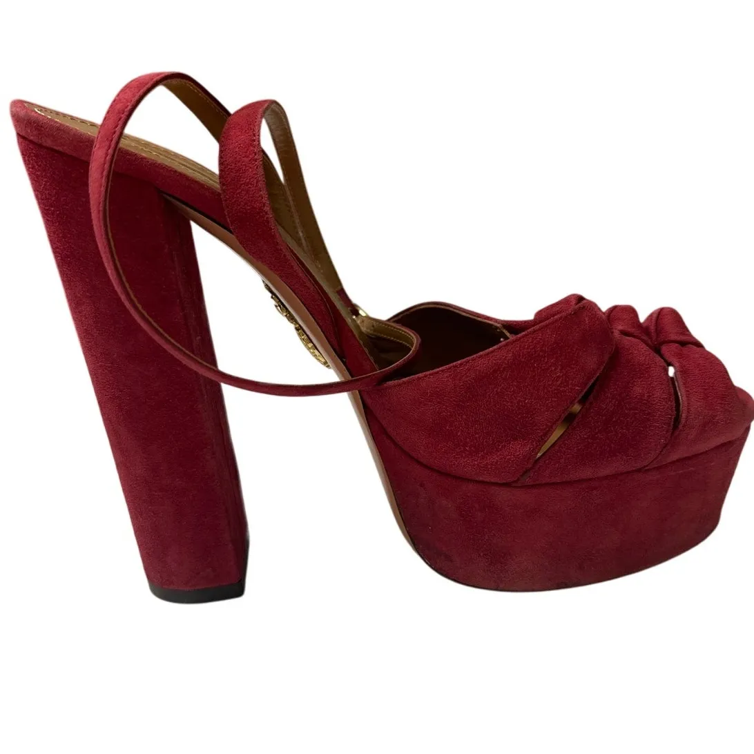 Aquazzura Mira Red Suede Platform Heels IT 37.5 US 7.5 Block Slingback Sandals Size 6.5 - Image 2
