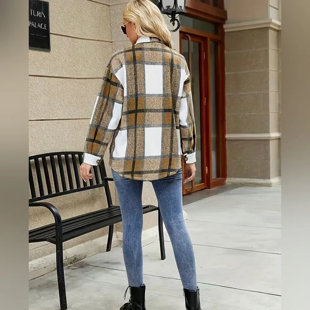 NWOT Plaid Women’s Shaket Top Brown/Tan/Black Color Size L Size L - Image 2